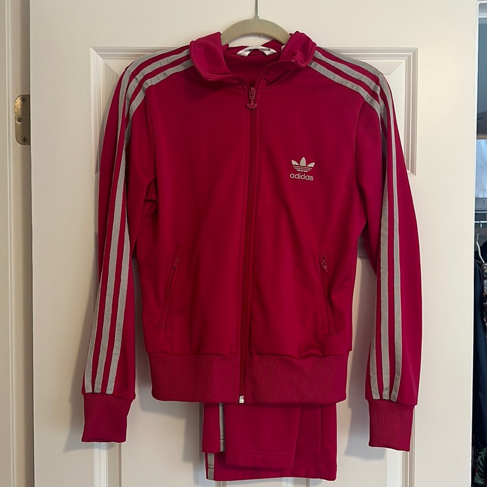 Raspberry and silver adidas tracksuit size m